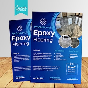 May include: A blue and white flyer advertising professional epoxy flooring services. The flyer features a photo of a shiny epoxy floor and includes information about the company, services offered, and contact information. The text on the flyer reads "Professional Epoxy Flooring", "About Us", "Our Services", "Free Quotes", "Call Us Today", "Visit Us Online", and "Our Email".