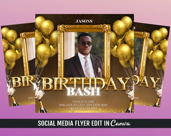 May include: A gold birthday party invitation with a picture of a man in a suit and sunglasses. The invitation says "Birthday Bash" and includes the venue name, address, and RSVP information.