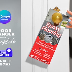 Op de afbeelding: Een rode en witte deurhanger sjabloon voor epoxy vloerbedekking diensten. De sjabloon heeft een gouden deurklopper en de tekst "Epoxy Flooring" in een witte cirkel. De tekst "Transform your Garage with stunning epoxy flooring!" is ook inbegrepen, samen met een lijst van diensten: Vloeren, Aanrechtbladen, Garagevloeren, Keukens, Badkamers en meer. Het telefoonnummer (903) 423-5893 is onderaan afgedrukt.