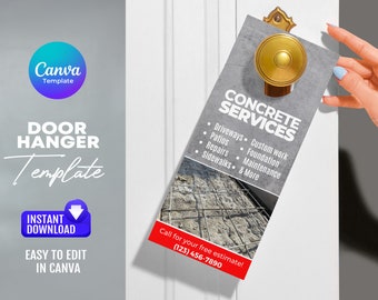 May include: A gray door hanger template with the text "CONCRETE SERVICES" and a list of services. The door hanger is hanging on a door with a gold doorknob. The text "INSTANT DOWNLOAD" is also visible.