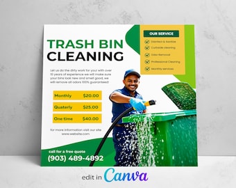 May include: A flyer advertising trash bin cleaning services. The flyer features a man cleaning a green trash bin with a hose. The flyer includes a price list for monthly, quarterly, and one-time cleaning services. The flyer also includes a phone number to call for a free quote. The text on the flyer reads "Trash Bin Cleaning", "Our Service", "Disinfect & Sanitize", "Curbside Cleaning", "Odor Removal", "Professional Cleaning", "Monthly Services", "Monthly", "$20.00", "Quarterly", "$25.00", "One Time", "$40.00", "For more information visit our site", "www.website.com", "Call for a free quote", "(903) 489-4892", "Edit in Canva".