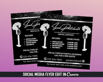 May include: Black and silver social media flyer for a photo booth rental company called "Ipad Photobooth". The flyer includes a photo of a photo booth, the company's contact information, and pricing for hourly rentals. The text on the flyer says "Ipad Photobooth Rental Company", "Includes", "Installation", "Picture Frames", "Photo Props", "2x6 Prints", "Hourly Rates", "2 Hours $260", "3 Hours $400", "4 Hours $500", "6 Hours $600", "For all types of events & occasions", "Call for a free quote!" and "_ipadphotobooth".