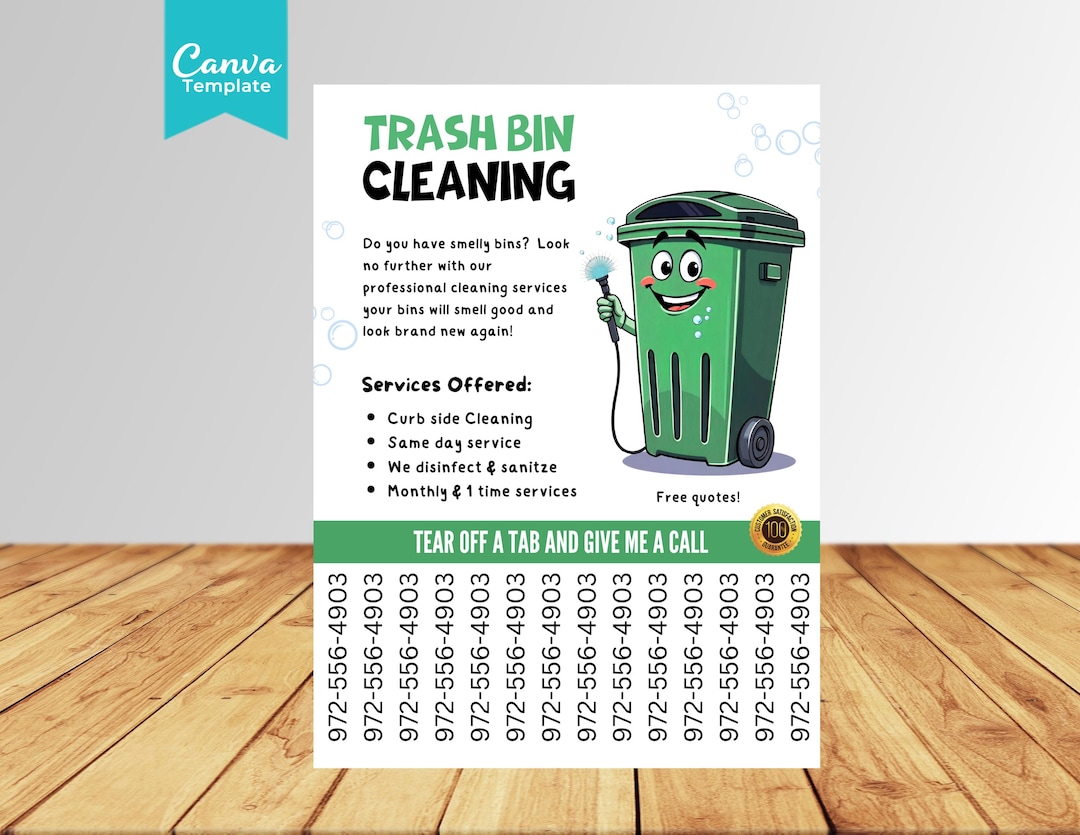 Trash Bin Cleaning Flyer Tear off a Tab Template - Etsy