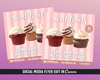 May include: Pink and white striped flyer with a cupcake sale advertisement. The flyer features three cupcakes with white, chocolate, and caramel frosting. The text reads "Sweet Treats", "Cupcake Sale Buy 2 Get 1 Free", and "$3 Each".