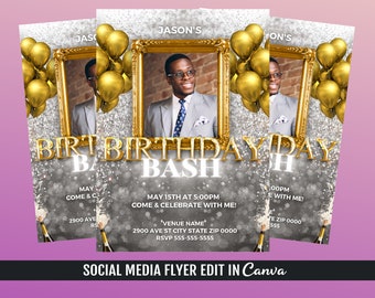 May include: A social media flyer for a birthday bash. The flyer features a photo of a person in a suit, gold balloons, and the text "Birthday Bash" in gold letters. The flyer also includes the date, time, and location of the event.