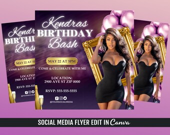 May include: Purple and gold birthday party invitation with a photo of a woman in a black dress. The text reads "Kendras Birthday Bash" and includes the date, time, location, and RSVP information.