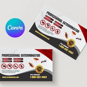 Może przedstawiać: Dwie wizytówki dla profesjonalnego dezinsektora. Karty mają białe tło z czerwonymi i czarnymi akcentami. Karty wyświetlają obrazy owadów oraz tekst "Profesjonalny Dezinsektor" i numer telefonu.