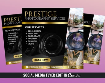 May include: Black and gold social media flyer for Prestige Photography Services. The flyer features a camera lens, a couple holding hands, and a wedding ceremony setup. The text on the flyer reads "Our Services: Commercial, Wedding, Corporate, Business, Fashion, Video".