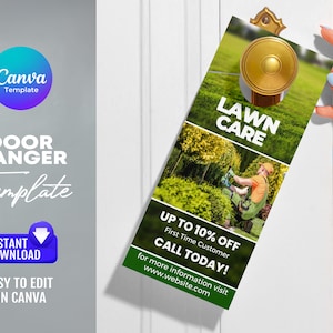 Lawn care door hanger template, Landscaping door hanger template, Front and Back design, Editable in Canva
