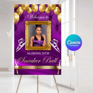 Sneaker ball welcome sign, sneaker ball purple welcome sign template, sneaker ball birthday welcome sign