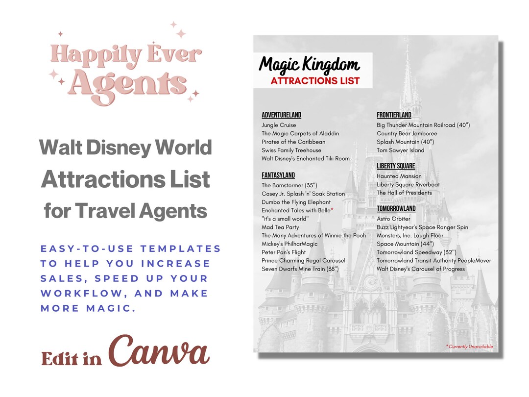 WDW Attractions List Template Classic Collection - Etsy