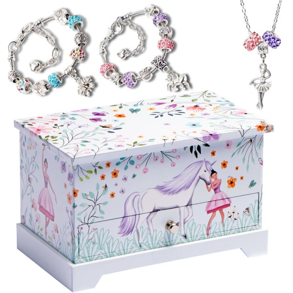 Unicorn Ballerina Jewelry Box for Girls plus Charm Bracelet and Necklace set - A gift for girls age 4 5 6 7 8 9 10