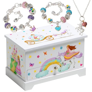 Princess Unicorn Jewelry Box for Girls: Includes Necklace & Bracelets