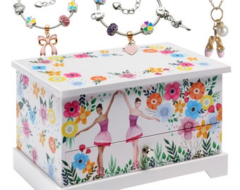 Floral Ballerina Jewelry Box for Girls & Little Girls plus Charm Bracelet and Necklace set - A perfect gift for girls age 4 5 6 7 8 9 10