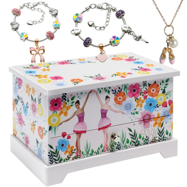 Floral Ballerina Jewelry Box for Girls & Little Girls plus Charm Bracelet and Necklace set - A perfect gift for girls age 4 5 6 7 8 9 10