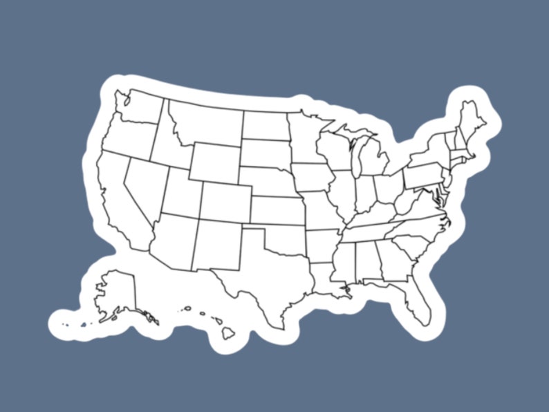 May include: A black and white outline of the United States of America map with state borders. The map includes Alaska and Hawaii.