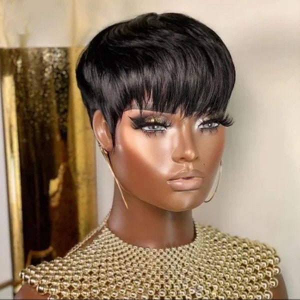 Pixie Cut Wig | 100 % Virgin Human hair wig | short pixie wig| Straight perruque bresillienne | Wigs With Bangs Cheap Glueless Wig