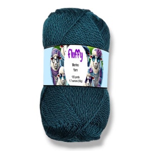 May include: A teal-colored ball of Fluffy Merino Yarn. The label features cartoon sheep wearing sunglasses and floral headbands. The yarn is 125 yards and 1.7 ounces (50g).
