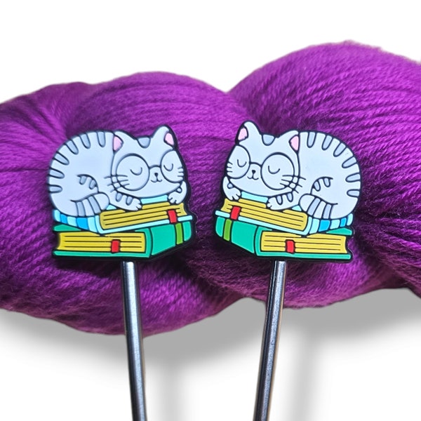 Sleeping Cat on Books Knitting Needle Point Protectors Needle Holder(Set of 2)