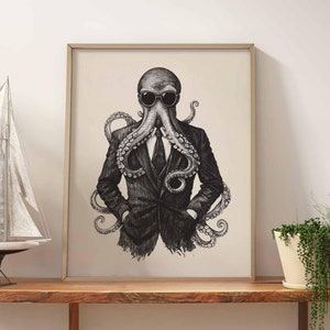 Der stilvolle Oktopus – Kunstdruck & Poster für Meerliebhaber. Erhältlich in verschiedenen Größen