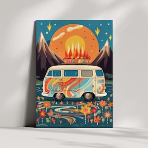 Cartão colorido de aniversário e felicitações para campervan, arte exclusiva