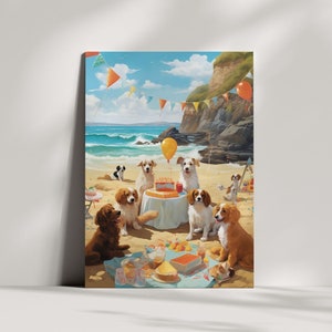 Tarjeta de fiesta de cumpleaños de perrito en la playa