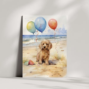 Fête d'anniversaire de chien mignon sur la plage - Carte d'anniversaire et de voeux