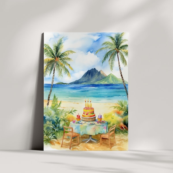 Tarjeta de cumpleaños de playa con acuarela