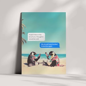 Hochwertige Geburtstagskarte mit Pinguinen am Strand, lustiges Tierdesign