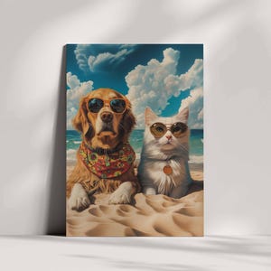 Cartão de aniversário e felicitações "Gato e cachorro na praia"
