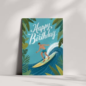 Surfing Happy Birthday Card | Beach Surfboard Greetings & Ocean Wave Surfer Birthday Card for Him, Her, Friend, or Family