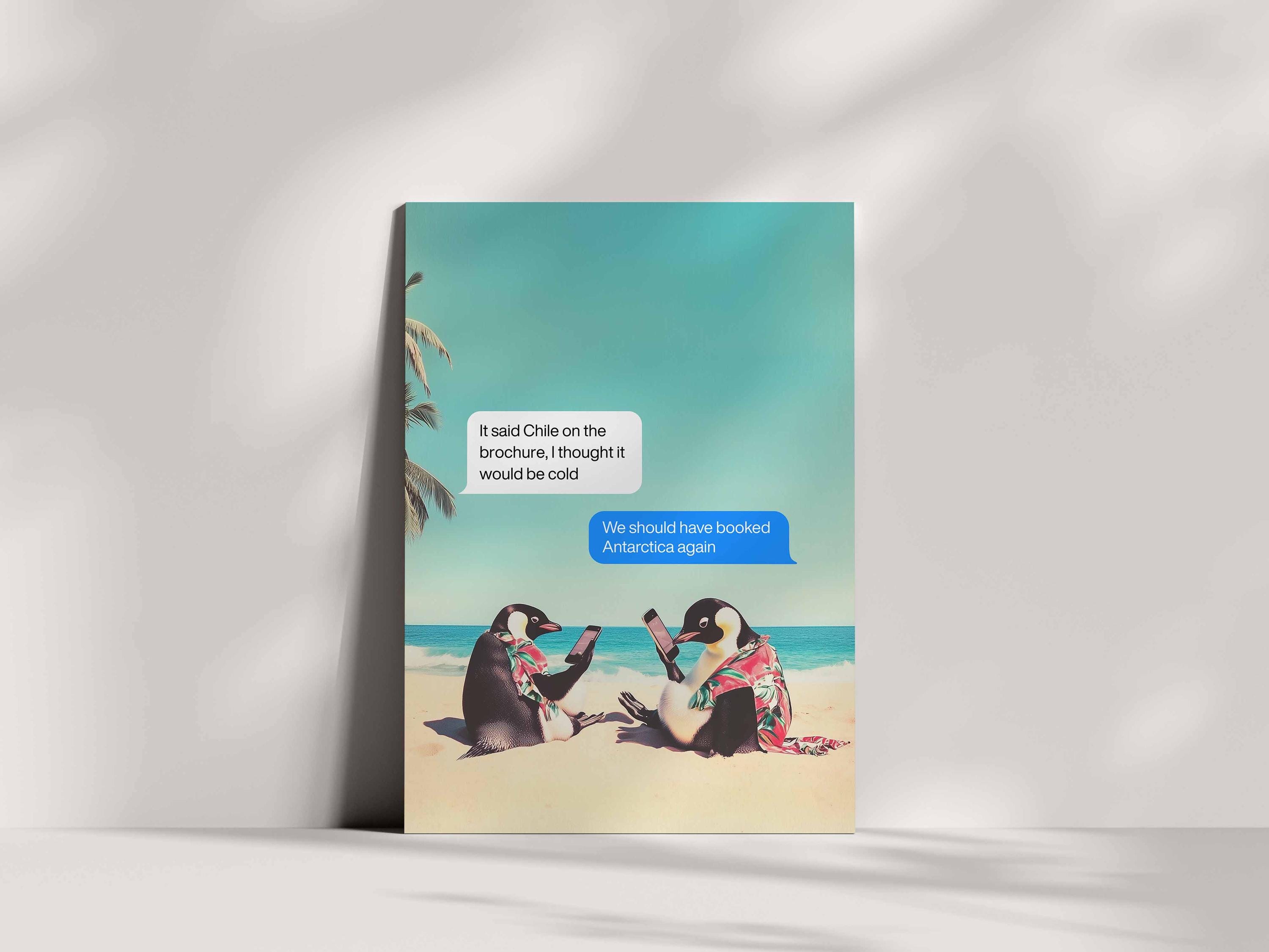 Grumpy Penguins At The Beach, Funny Animal Design, High Quality Birthday Greetings Card