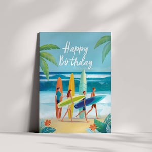 Surfing Happy Birthday Card | Beach Surfboard Greetings & Ocean Wave Surfer Birthday Card for Him, Her, Friend, or Family