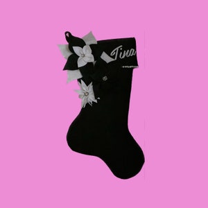 Personalized stocking with name black white diamonds and felt flower christmas stocking, lined in blue satin, non traditional
