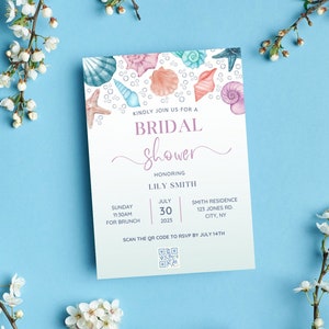 Seashell Beach Bridal Shower Invitation | Beach Wedding Shower Invite | Customizable Digital Template Instant Download