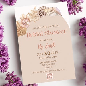 Seashell Beach Bridal Shower Invitation | Editable Digital Template for Coastal Theme | Customizable Beach Bridal Invite