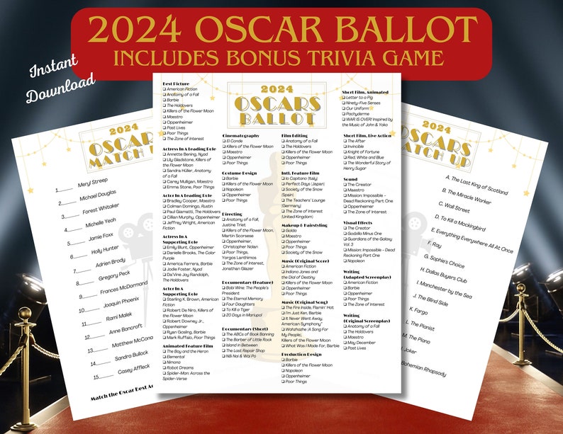 2024 Printable Oscars Ballot, Party Trivia Game, 2024 Oscars Watch Party Games for Adults, 96th ...