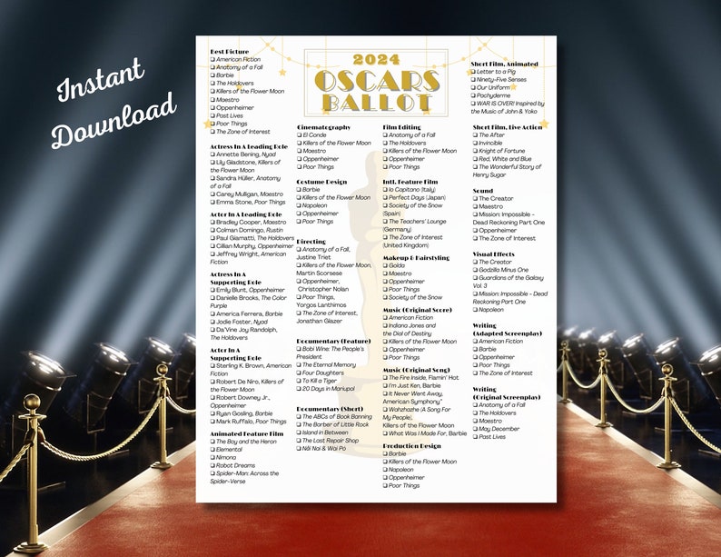2024 Printable Oscars Ballot, Party Trivia Game, 2024 Oscars Watch