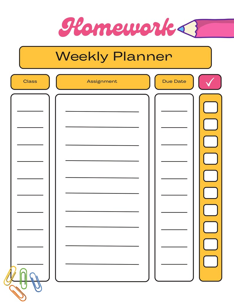 Printable Homework Planner | Weekly Assignment Tracker (PDF) - Etsy