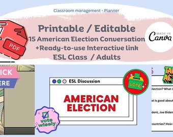 Questions de conversation ESL sur les élections américaines, présentation PowerPoint + lien d'activité interactif prêt à l'emploi / Imprimable / Modifiable sur Canva