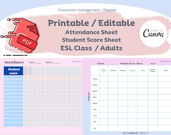 PDF imprimable et ensemble de feuilles de pointage modifiables sur Canva pour les cours d'anglais langue seconde et l'éducation des adultes