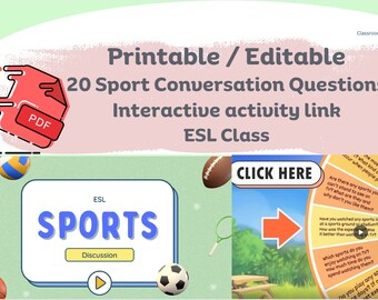 20 questions de conversation sur le sport ESL + lien vers une activité interactive Présentation PowerPoint imprimable / modifiable sur Canva