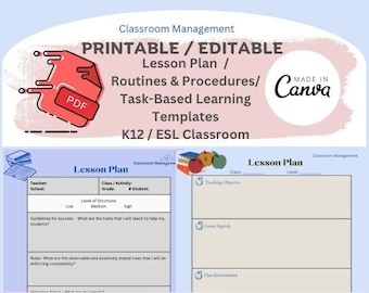 Imprimable / Plan de leçon modifiable / Routines et procédures / Apprentissage basé sur les tâches pour la maternelle à la 12e année / Classe ESL minimaliste