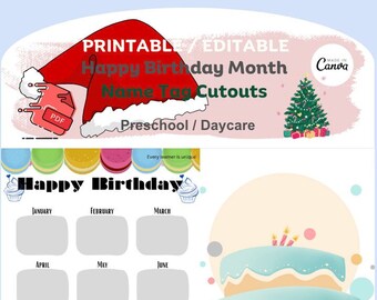 Joyeux anniversaire mois / découpes pour porte-nom A4 (8 X 11 po.) PDF imprimable / modifiable / K-12 / décoration préscolaire / garderie
