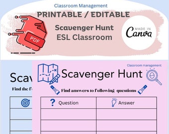 Modèle de chasse au trésor pour classe ESL PDF modifiable sur Canva / PDF imprimable