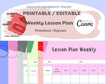 PDF imprimable/Modifiable sur toile/Modèle de plan de leçon hebdomadaire simple/multicolore Préscolaire/maternelle, modèle de plan de leçon quotidien