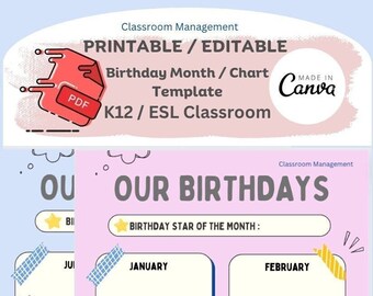 Mois d'anniversaire / Graphique pour la maternelle à la 12e année / PDF éditable pour la classe ESL / PDF imprimable / Minimaliste