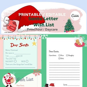Carta do Papai Noel / Lista de desejos do Papai Noel para pré-escola / jardim de infância, pré-escola / creche / pacote de modelos de ensino doméstico / download instantâneo de PDF / editável