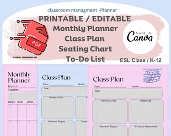 PDF imprimable minimaliste / Agenda mensuel modifiable / Plan de leçon / Plan de salle / Liste de choses à faire pour les cours d'ALS / Enseignant de la maternelle à la 12e année
