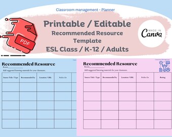PDF imprimable / Ressource recommandée modifiable A4 pour les enseignants d'ALS / de la maternelle à la 12e année